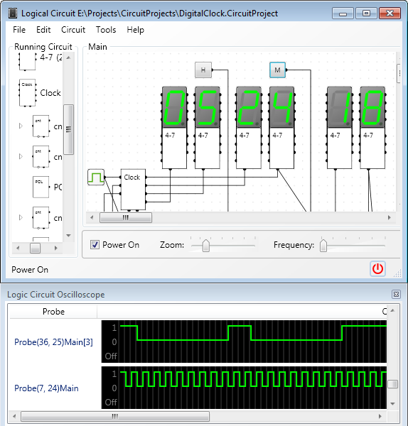 Logic circuit in software window with o scope waveform